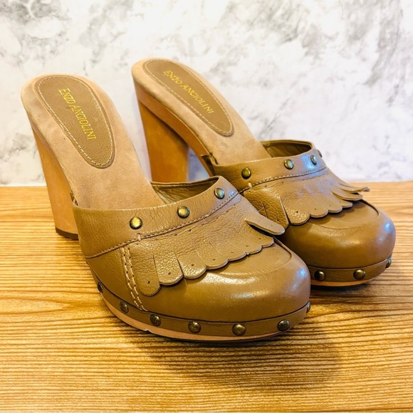 Enzo Angiolini Shoes - Enzo Angolini Brown Tan Leather Wood Heel Clogs Heels Pumps Size 9.5